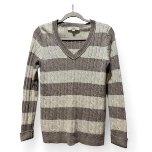 LOFT Wool Blend Striped Cable Knit V-Neck Sweater Cream Taupe Size M
